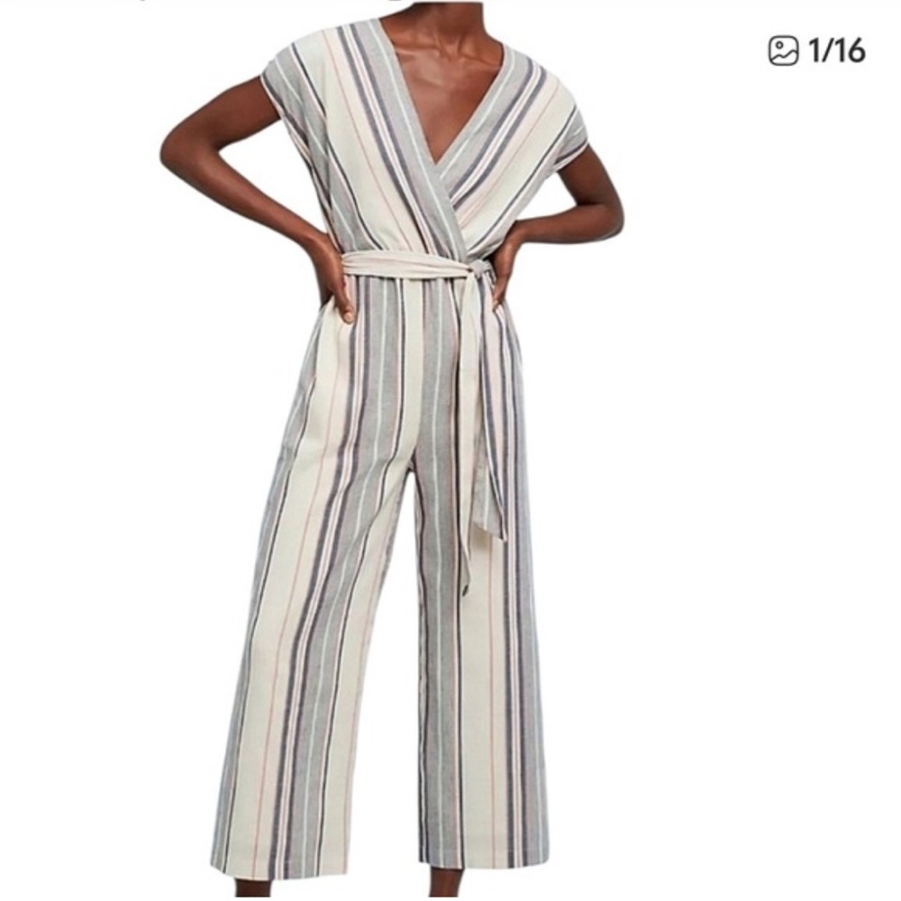 Anthropologie Cream Striped Wrap Jumpsuit with Blue & Gray Accents